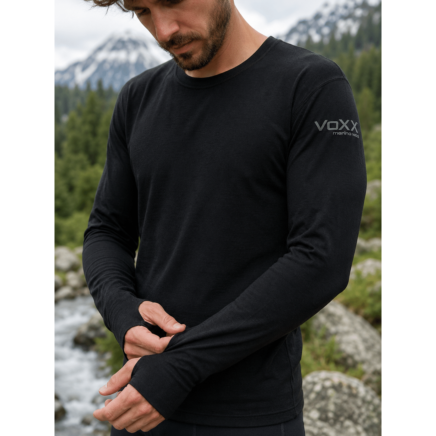 Herren Merino Funktionsshirt Langarm Slim Fit Schwarz